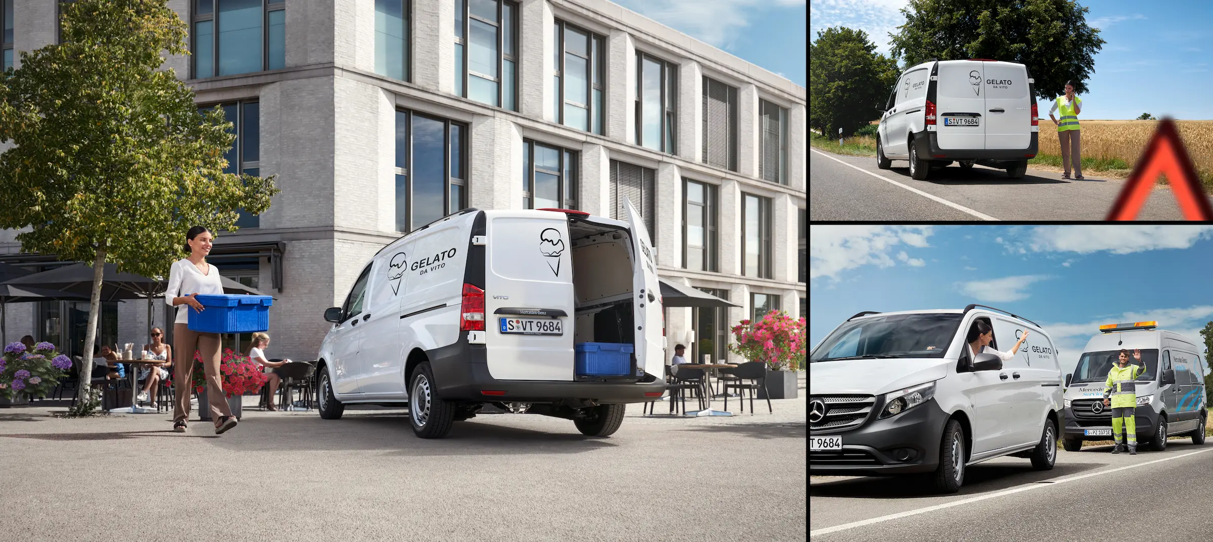 MobiloVan paslauga, moretis neša dėžę su prekėmis, kitoje nuotraukoje, automobilis jau su degimu, o trečioje atvykęs MobloVan pagalos automobilis